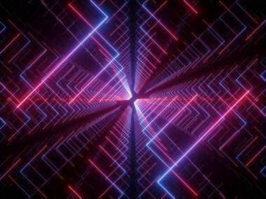 3d render, parlak çizgiler, neon ışıkları, psychedelic arka plan, koridor, tünel, ultraviyole, spektrum canlı renkler, lazer gösterisi