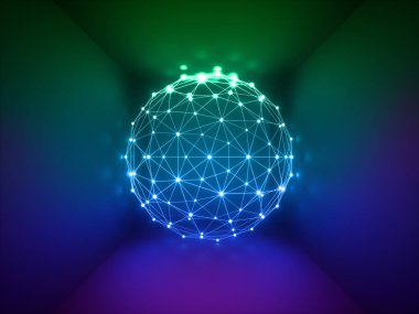 3d render, parlayan Küre, ağ bağlantıları, neon ışıkları, arka plan, canlı renkler, lazer gösterisi