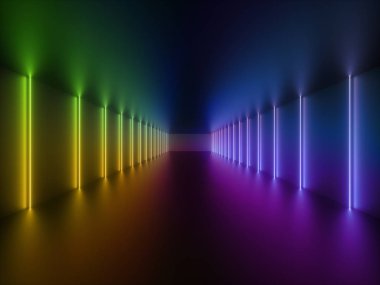 3d render, parlak çizgiler, neon ışıkları, psychedelic arka plan, koridor, tünel, ultraviyole, spektrum canlı renkler, lazer gösterisi