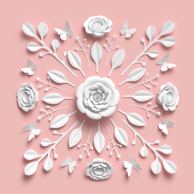 3D render, çiçek çiçek dürbünü, beyaz kağıt çiçekler, simetrik süsleme, botanik pembe, papercraft