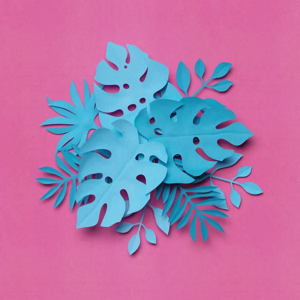 Renderowania 3D, rzemiosło papieru różowy niebieski bukiet kwiatów, ozdobnych liści, dzikiej dżungli, botaniczny tło, tropikalny liści, cyfrowy ilustracja — Zdjęcie stockowe