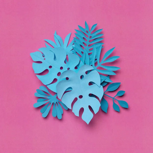 3d render, hojas de palma de papel artesanal, ramo tropical azul rosado, follaje decorativo, fondo botánico, ilustración digital — Foto de Stock
