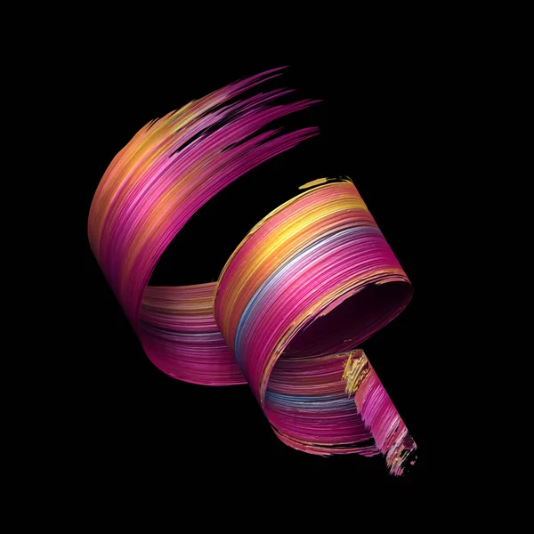 3D render abstracte artistieke spiraal penseelstreek, roze gele verf uitstrijkjes, splash, kleurrijke curl, spectrum palet, splatter, bochtige lint — Stockfoto