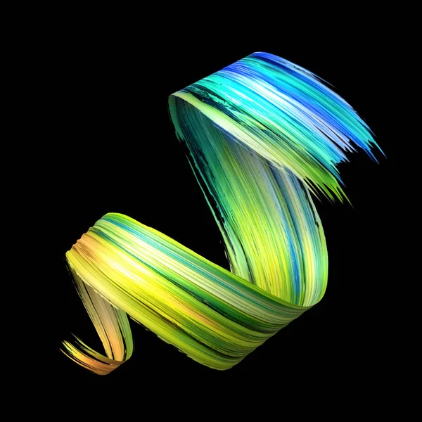 Rendu 3d, coup de pinceau abstrait artistique en spirale, frottis de peinture jaune bleu-vert, éclaboussure, boucle colorée, palette de spectre, éclaboussure, ruban incurvé — Photo