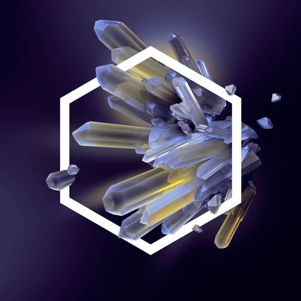 3d render, digital illustration, abstract crystals in hexagonal frame, modern gemstone background, nugget — Stock Photo, Image
