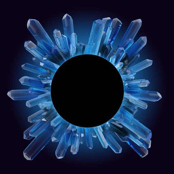 3D рендеринг, цифрова ілюстрація, абстрактна кристалічна кругла рамка, коло, сучасний камінь на чорному тлі, синій божевільний — стокове фото