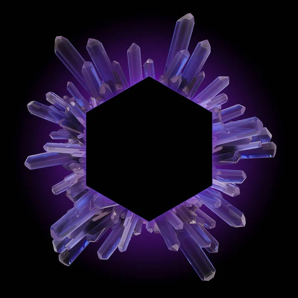 Digital illustration, hexagon, abstrakt crystal sexkantig ram, 3D render, moderna ädelsten på svart bakgrund, violett nugget — Stockfoto