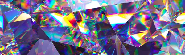 3D-Render, abstrakter Kristallhintergrund, irisierende Textur, Makropanorama, facettierter Edelstein, breite panoramische polygonale Tapete — Stockfoto