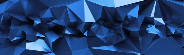 3D-Renderer, abstrakter blauer Kristallhintergrund, facettierte Textur, Makropanorama, breite panoramische polygonale Tapete — Stockfoto