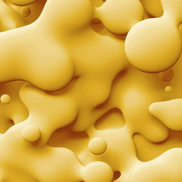 3D vykreslování, abstraktní pozadí žluté vlnité, hladké tvary, díry, makro tekuté textury, hladké bubliny — Stock fotografie