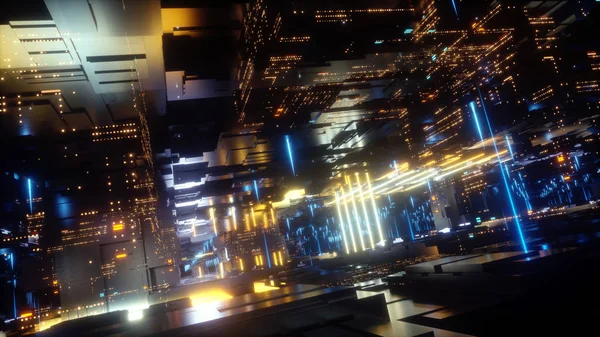 3D-Render, abstrakter futuristischer urbaner Hintergrund, Nachtstadt, Neonlichter, virtuelle Realität, Cyber-Sicherheit, Elektronik, Vernetzung, Kryptographie, Quantencomputer, Elektrizitätswerk — Stockfoto