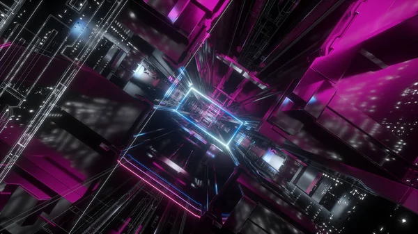 3D-Render, abstrakter Tunnel, urbaner Hintergrund, futuristisches rosafarbenes Neonlicht, geometrische Struktur, Big Data, Quantencomputer, Speicherung, Cyber-Sicherheit, virtuelle Realität — Stockfoto