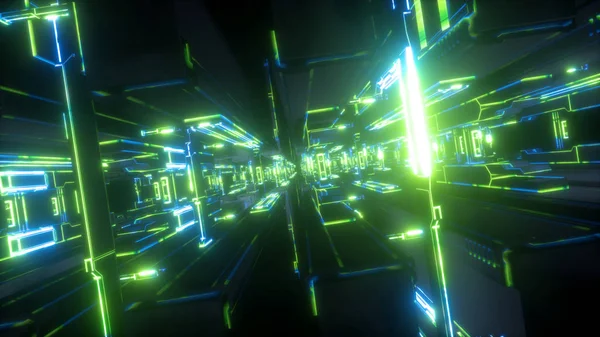 3D render, fütüristik arka plan, kentsel güç istasyonu, tünel, yeşil elektrik ışık, geometrik yapısı, büyük veri depolama, kuantum bilgisayar, siber güvenlik, sanal gerçeklik