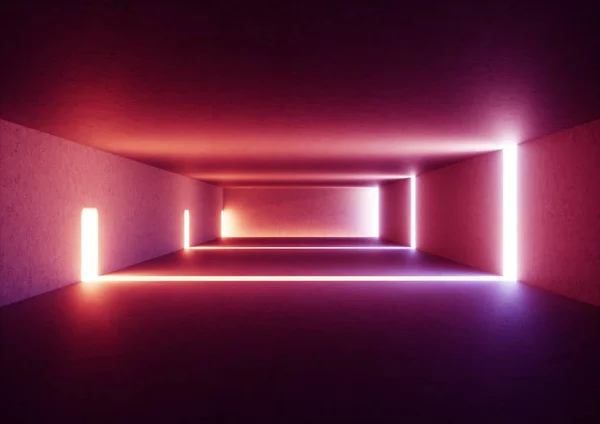3d renderização de amplo abstrato iluminado interior corredor vazio feito de concreto cinza, brilhando linhas vermelhas com sombra, túnel de luz do dia sem saída, raios de luz violeta, espaço minimalista — Fotografia de Stock