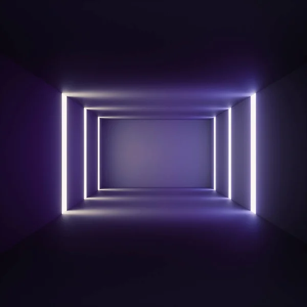 3d renderizado de interior de pasillo vacío iluminado abstracto hecho de hormigón gris, líneas ultravioletas brillantes, túnel de luz natural sin salida, fondo fluorescente, espacio minimalista — Foto de Stock