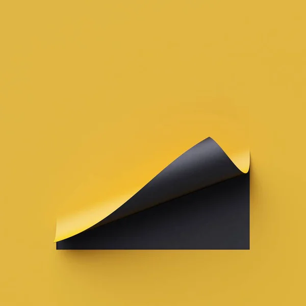 3d render curled corners of note paper. Sheet of paper with page curl and shadow, design element for advertising and promotional message. Yellow and black creative background, modern mock up.