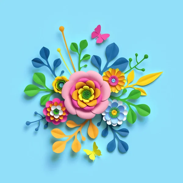 3d render, fleurs artisanales en papier, bouquet floral printanier, botanique — Photo