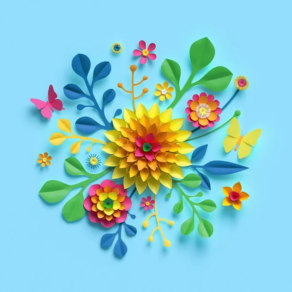 3d 渲染, 工艺纸花, 圆花花束, 黄色大丽花, 植物排列, 明亮的糖果颜色, 自然剪贴画在天空蓝色背景, 装饰点缀 — 图库照片