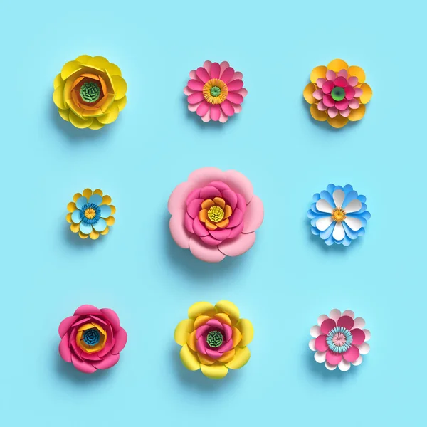 Renderização 3d, flores de papel artesanal, conjunto de arte clipe floral, elementos de design botânico, cor de doce brilhante, isolado no fundo azul céu, enfeite decorativo — Fotografia de Stock