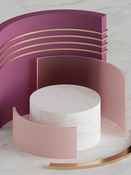 Renderização 3d, moda mock up, fundo geométrico abstrato, modelo em branco, vitrine vazia minimalista, formas de cilindro primitivas, exibição de loja art deco, cores pastel rosa — Fotografia de Stock