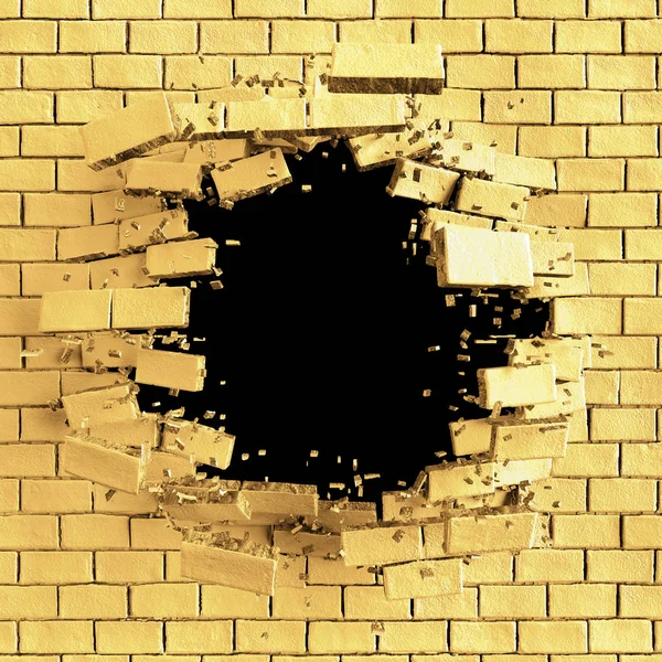 3d render, abstract broken brick wall background, digital illustration, explosion, cracked, concrete, bullet hole, bang, destruction