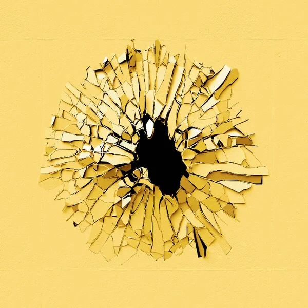 3d render, abstract broken wall background, digital illustration, explosion, cracked yellow eggshell, painted concrete, bullet hole, destruction