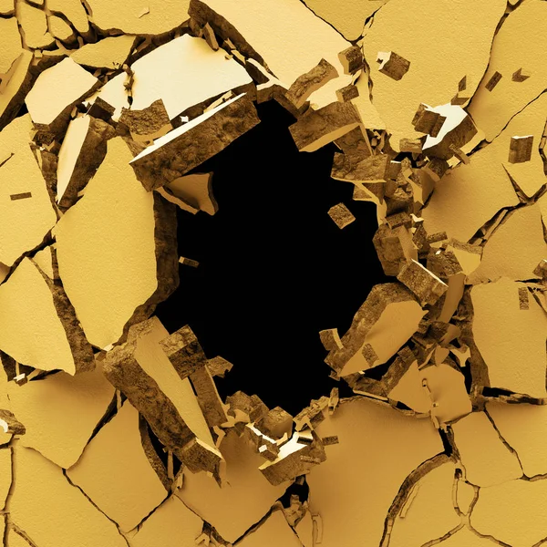 Renderização 3d, abstrato parede quebrada fundo, ilustração digital, explosão, casca de ovo amarelo rachado, concreto pintado, buraco de bala, destruição — Fotografia de Stock