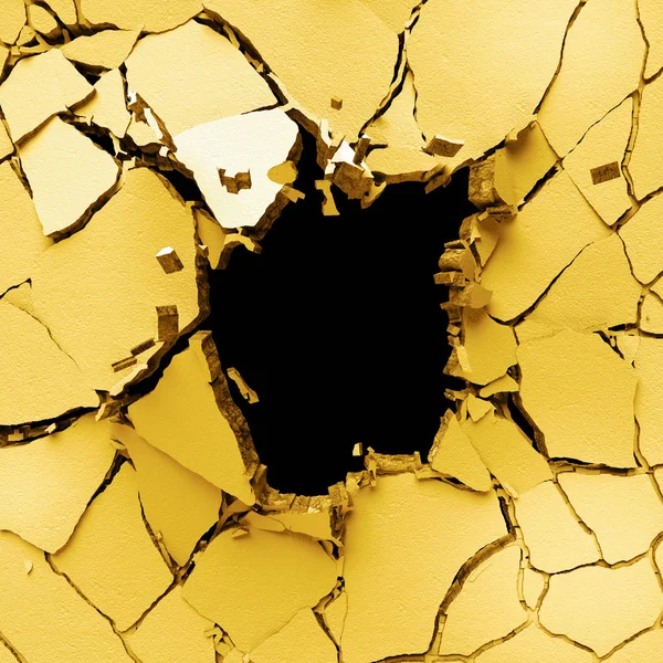 3d render, fondo de pared roto abstracto, ilustración digital, explosión, cáscara de huevo amarilla agrietada, hormigón pintado, agujero de bala, destrucción —  Fotos de Stock