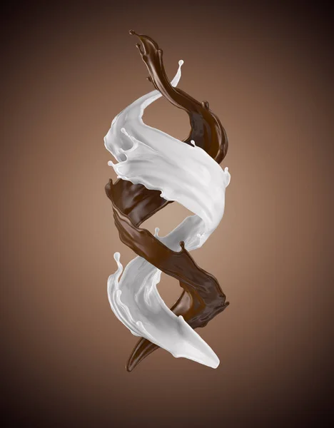 3D-Rendering, Milch- und Schokoladenspritzer, verdrehte Flüssigkeitsdüsen, spritzende Clip-Art, isolierte Gestaltungselemente, doppelte Spiralwelle, Kochzutaten — Stockfoto