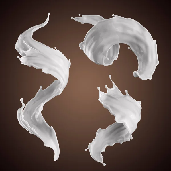 Rendu 3d, éclaboussure de lait, boisson, éclaboussure liquide blanche clip art, éléments de conception isolés, jets ondulés, ingrédients de cuisson — Photo