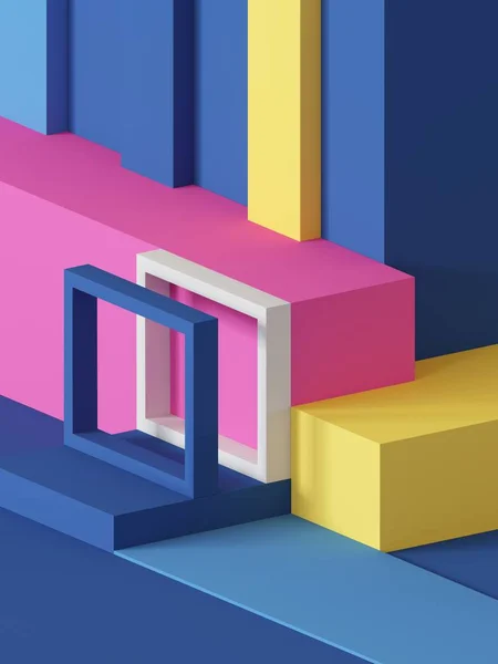 3D render, abstrakt geometrisk bakgrund, primitiva former, leksaker, kub, färgglada rektangulära block — Stockfoto