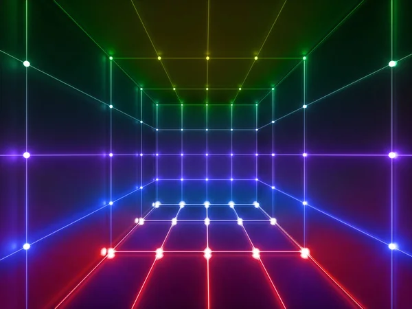 Renderização 3d, linhas brilhantes, luzes de néon, fundo psicodélico abstrato, gaiola de cubo, ultravioleta, cores vibrantes de espectro, show a laser — Fotografia de Stock
