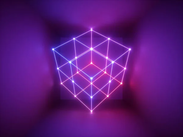 3d render, glowing lines, neon lights, abstract psychedelic background, cube cage, ultraviolet, infrared, spectrum vibrant colors, laser show — Stock Photo, Image
