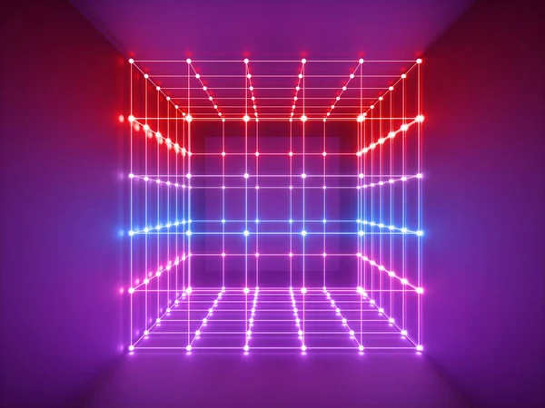 Renderização 3d, linhas brilhantes, luzes de néon, fundo psicodélico abstrato, gaiola de cubo, ultravioleta, infravermelho, cores vibrantes de espectro, show a laser — Fotografia de Stock