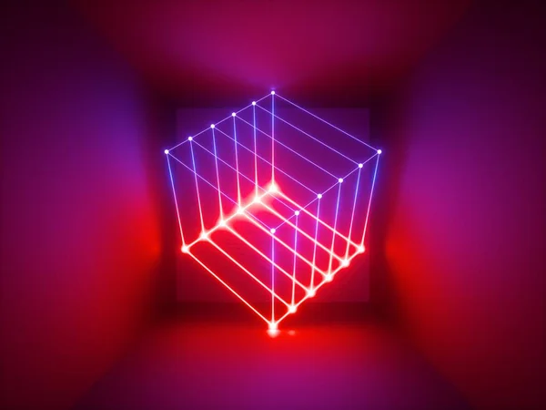 Rendering 3d, linee luminose, luci al neon, sfondo psichedelico astratto, gabbia cubo, infrarossi, spettro colori vivaci, spettacolo laser — Foto Stock