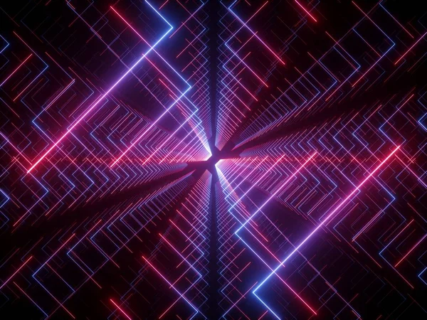 Rendering 3d, linee luminose, luci al neon, sfondo psichedelico astratto, corridoio, tunnel, ultravioletti, spettro colori vivaci, spettacolo laser — Foto Stock