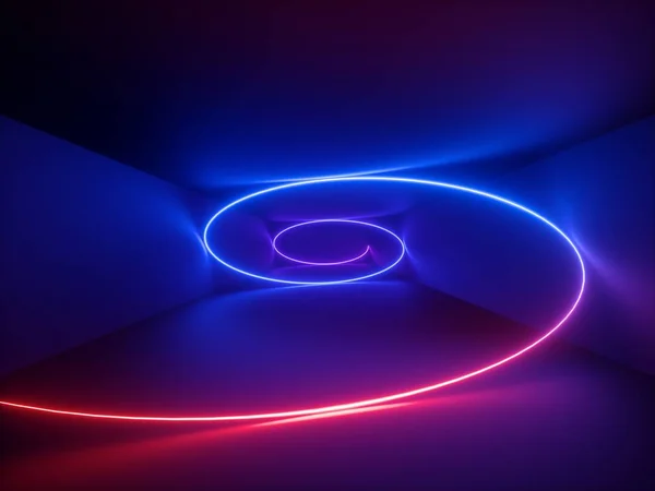 3d render, hélice de neón azul rojo, espiral, fondo fluorescente abstracto, espectáculo de láser, luces interiores de discoteca, líneas curvas brillantes, forma geométrica — Foto de Stock