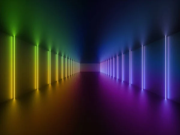 Rendering 3d, linee luminose, luci al neon, sfondo psichedelico astratto, corridoio, tunnel, ultravioletti, spettro colori vivaci, spettacolo laser — Foto Stock