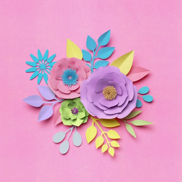 3D-rendering, papperskonst, dekorativa blommor, blommig bakrund, botaniska mönster, pastellfärgade godis färger, vibrerande palett, Rund bukett — Stockfoto