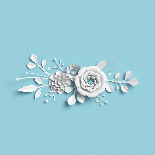 Rendu 3d, fleurs en papier blanc sur fond bleu, clip art botanique isolé, bouquet nuptial, décoration murale de mariage, bordure florale — Photo