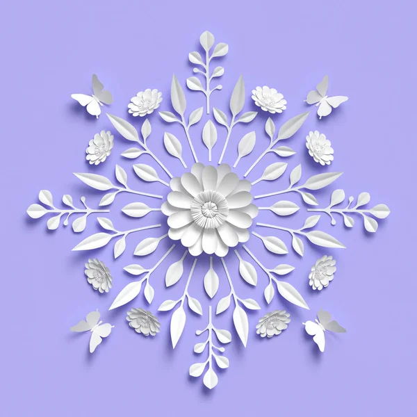 3d rendering, caleidoscopio floreale, fiori di carta bianca, ornamento simmetrico, sfondo botanico lilla, papercraft — Foto Stock