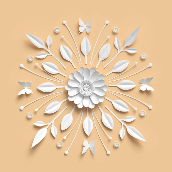 Renderização 3d, caleidoscópio floral, flores de papel branco, ornamento simétrico, fundo botânico amarelo pastel, papelaria — Fotografia de Stock