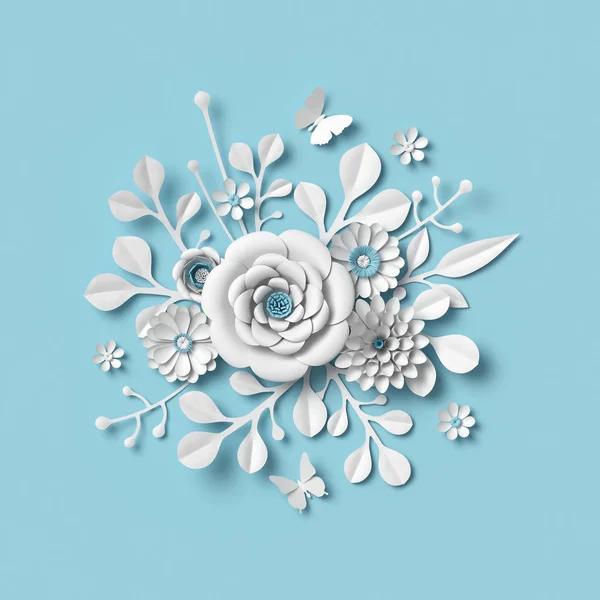 3d renderizado, flores de papel blanco sobre fondo azul, arte clip botánico aislado, ramo de novia redonda, decoración de la pared de la boda, diseño floral —  Fotos de Stock