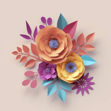 3D render, dijital illüstrasyon, soyut çerçeve, renkli kağıt çiçekler, çelenk, quilling el sanatları, el yapımı şenlikli dekorasyon, canlı çiçek arka plan, yuvarlak pembe sarı, Boho kartı şablonu nane