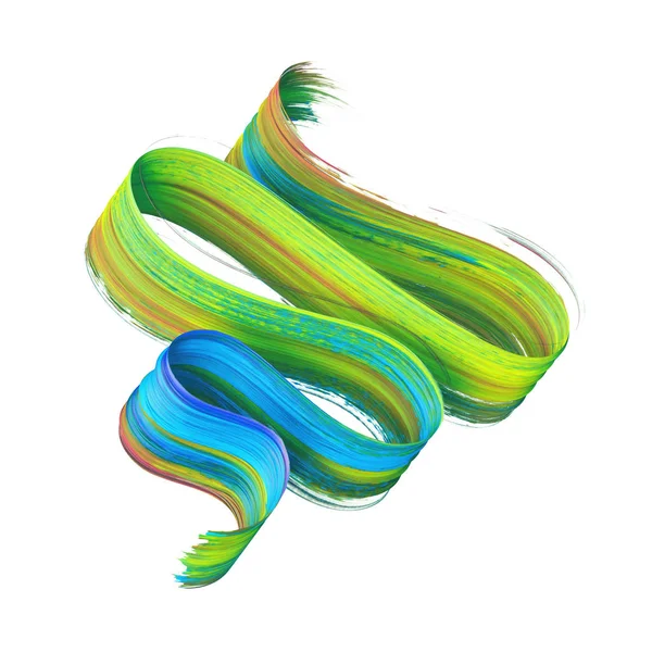 Renderização 3d, pincelada espiral abstrata, elemento de design artístico isolado no fundo branco, respingo de tinta, respingo colorido, onda verde azul amarelo, loops, paleta de espectro, fita dobrada vívida — Fotografia de Stock