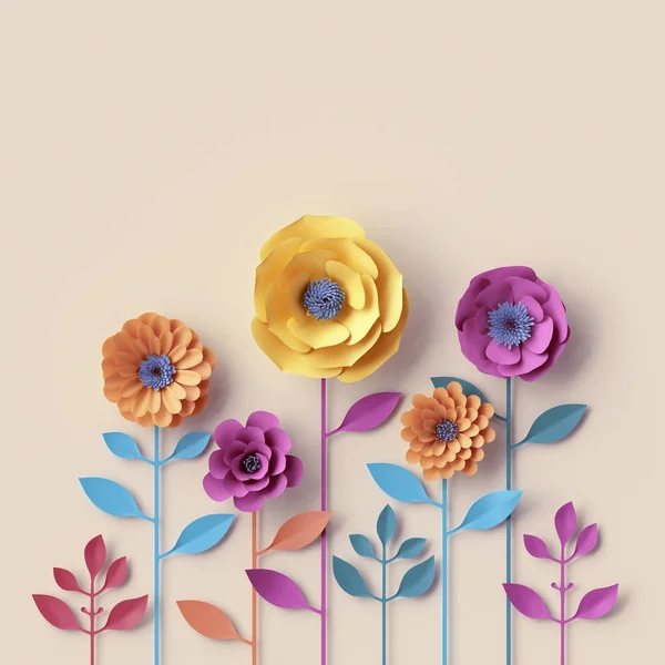 3D render pastel papier bloemen, florale achtergrond, abstract hea — Stockfoto