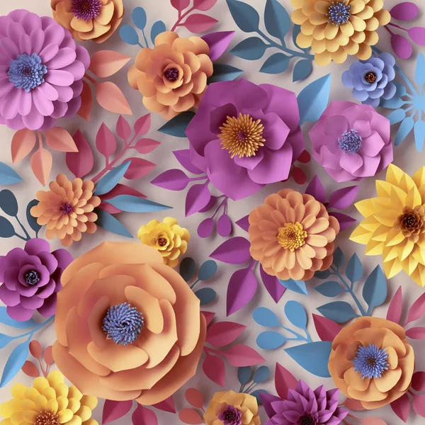 3 d のレンダリング、デジタル イラストレーション、抽象的な紙の花、植物の背景、パステル調の花の壁紙、クイリング クラフト、手作りのお祭りの装飾、鮮やかな花の背景、青ピンク黄 — ストック写真