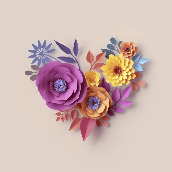 3D-рендер, форма цветочного сердца, бумажные цветы, квиллинг, праздничное украшение ручной работы, цветочный фон, романтическая открытка — стоковое фото