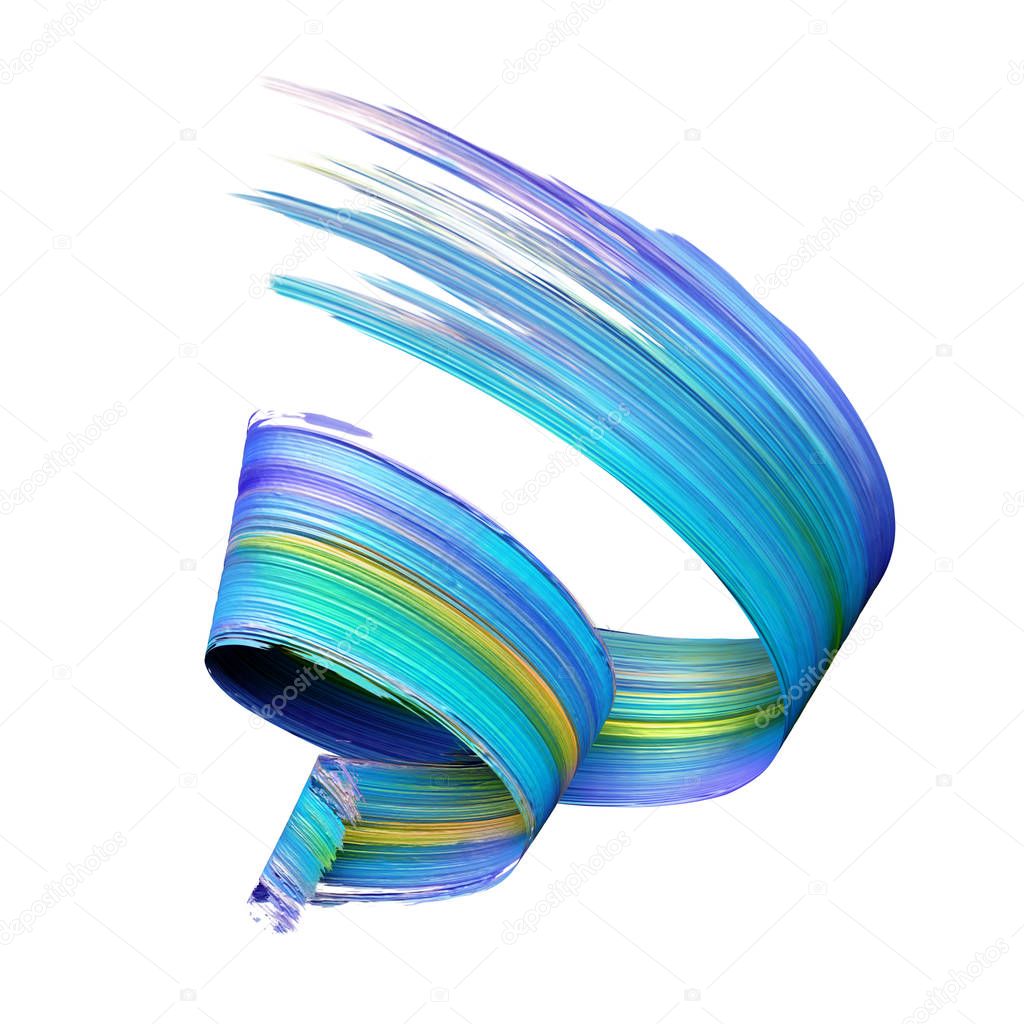 3d render, abstract spiral brush stroke, artistic design element isolated on white background, paint splash, colorful splatter, blue wave, loops, spectrum palette, vivid folded ribbon
