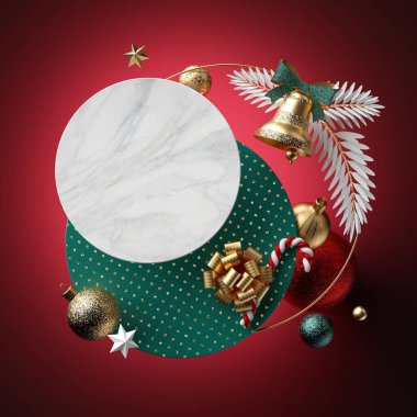 3 boyutlu görüntüleme. Soyut Noel arkaplanı. Boş yuvarlak pankart, kopyalama alanı. Mermer desen, benekli desen. Şenlikli süsler, altın çan, hediye kutusu, toplar, kırmızıda izole edilmiş. Poster şablonu
